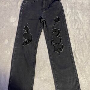 SHEIN Black Straight Leg Distressed Jeans